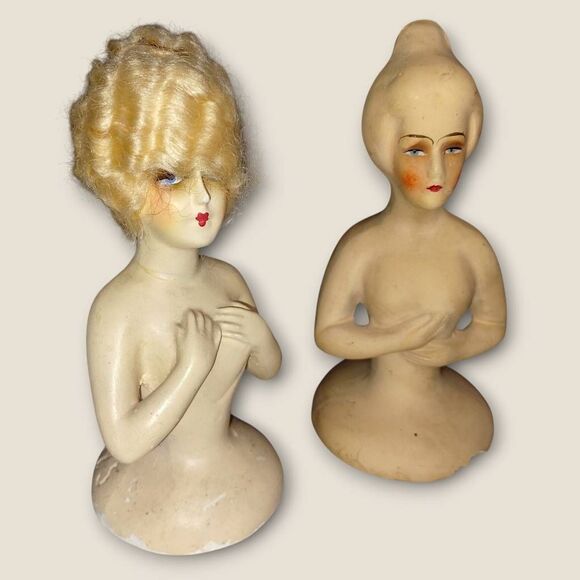 Vtg K.G. 1925 Chalkware Half Dolls-Flapper Art Deco Style Painted Wigged Germany - Picture 1 of 10
